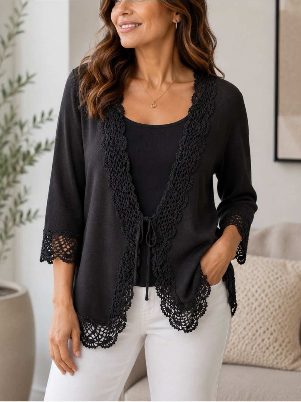 Elementz Black Crochet-Trim Knit Top